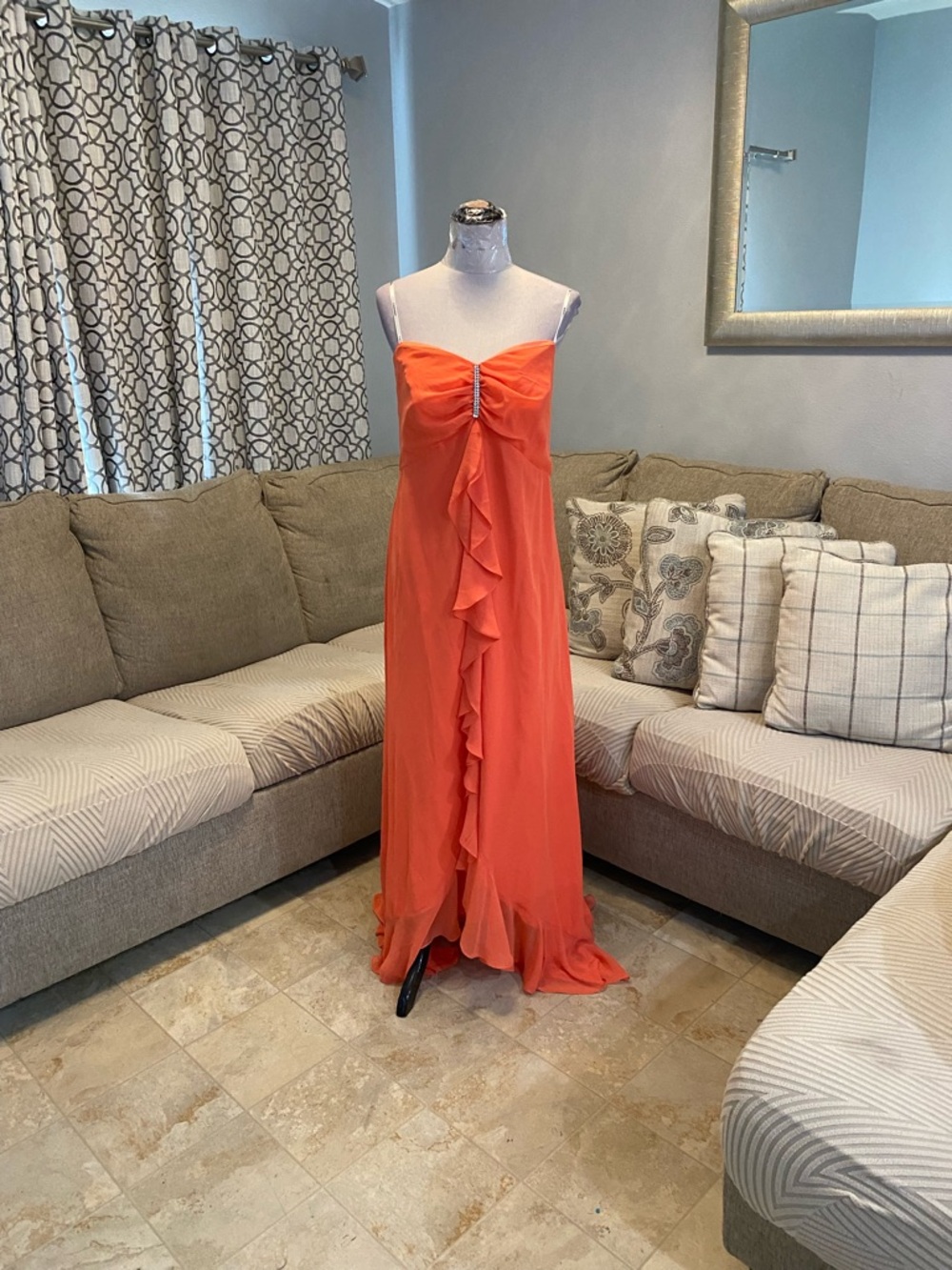 New Faviana Women size 14 vibrant orange strapless maxi dress, Ruffled details